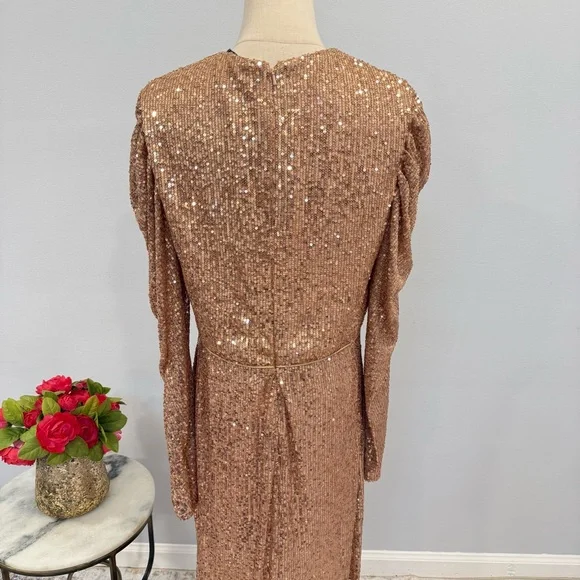 Mac Duggal Sequin High Neck Juliet Puff Long SleeveTrumpet Column Gown Copper
